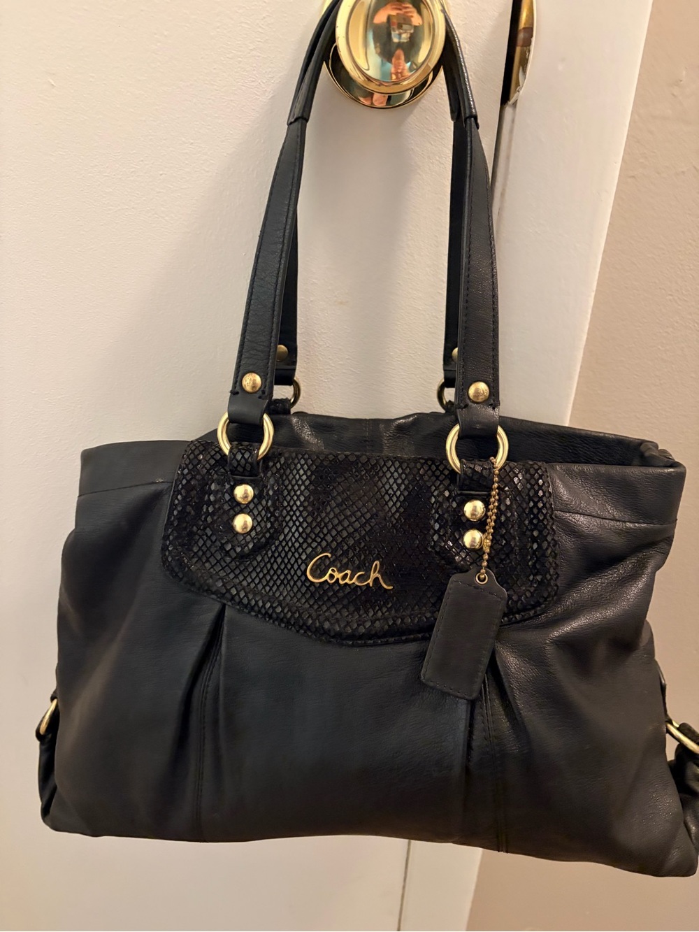 COACH Ashley Black Leather Carryall Satchel F19243 Python Snakeskin Shoulder Bag